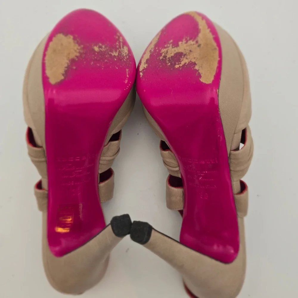 Creazioni Taccetti Beige Ruched Leather Peep‎ Toe Slingback Heels 38/7.5 Italian